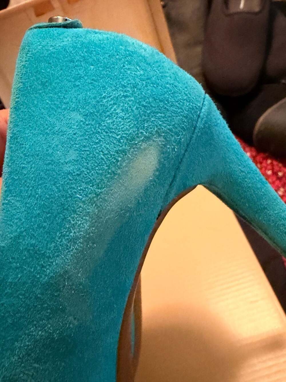 Michael Kors Teal Suede Pumps Pointed Toe Stiletto Heels Turquoise Blue MK Charm - Picture 8 of 10